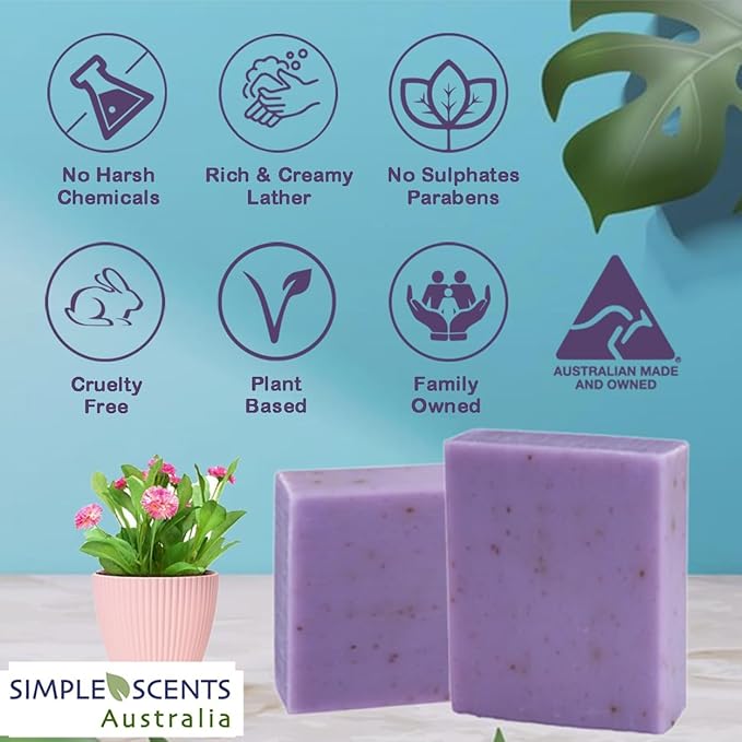 Simple Scents Australia Lavender with Flowers Scented Natural Soap Bars (5 Bars), 3.5oz Moisturizing French Triple Milled Soap Bars Enriched with Shea Butter - Pure Plant Oil Bath & Body