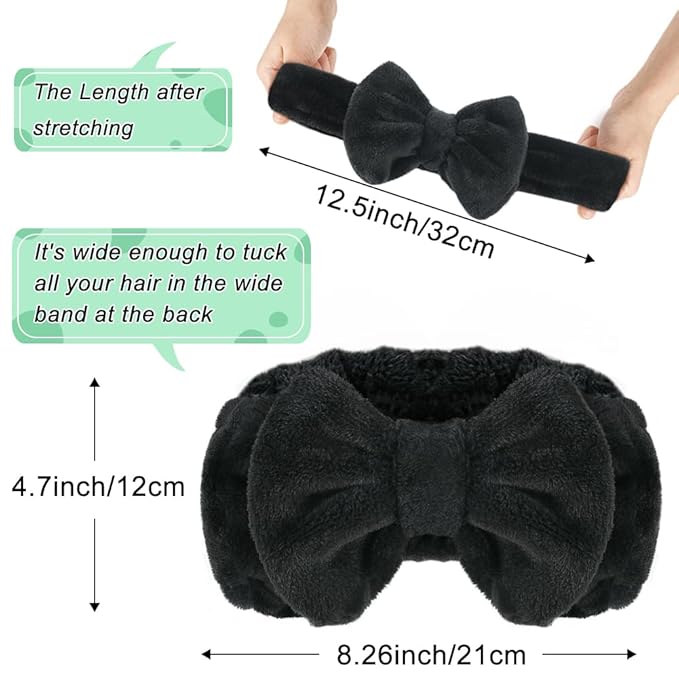 Shintop Spa Headband, Soft Carol Fleece Makeup Headband with Cute Bow Elastic Hairband for Washing Face Skincare Facial Mask Showers（Black）