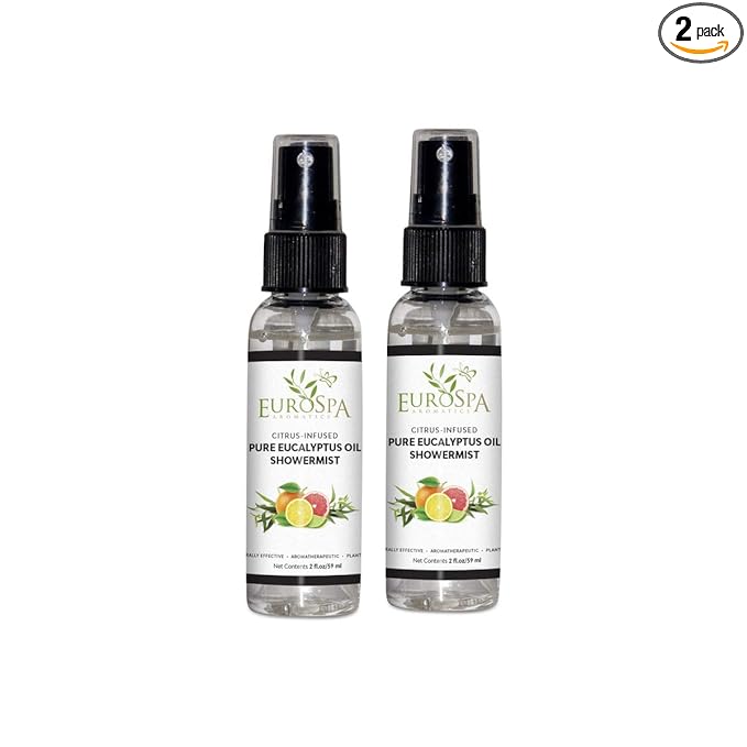 EuroSpa Aromatics Pure Eucalyptus Oil ShowerMist and Steam Room Spray, All-Natural Premium Aromatherapy Essential Oils - Citrus Infused, 2oz, 2 Pack