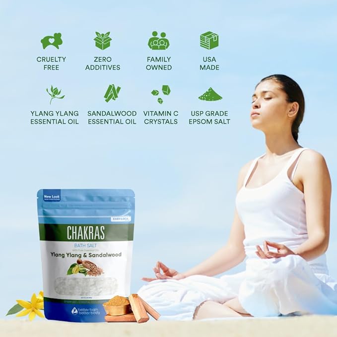 Chakras Bath Salt 32 Ounces Epsom Salt with Natural Ylang Ylang, Sandalwood, Eucalyptus, Frankincense, Chamomile and Cinnamon Essential Oils Plus Vitamin C in BPA Free Pouch with Easy Press-Lock Seal