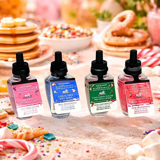 Bath & Body Works MILK BAR Collections 2025 Wallflowers Refills – Birthday Cake, Cereal Milk Soft Reserve, Cinnamon Sugar Pretzel Cookie, Peppermint Bark Truffle – 4pc Gift Set