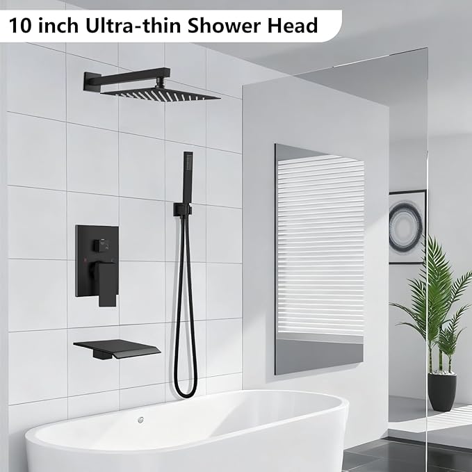 Midanya Shower System with Tub Spout,Bathtub Shower Faucet Set with Square Rainfall Head and Handheld Sprayer Wall Mount Tub Faucet Set with Valve and Trim Kit,10 Inch Matte Black