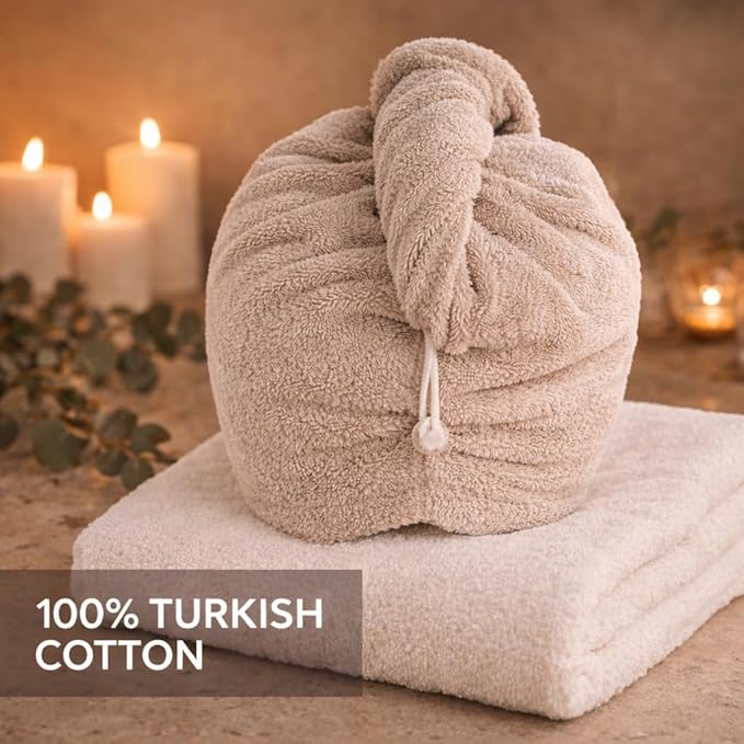 100% Turkish Cotton Hair Towel Wrap 2 Pack – Oeko-TEX Certified Quick Dry Turban for Wet Hair – Soft, Absorbent, Gentle on Curly & Long Hair – 10x26 Inch