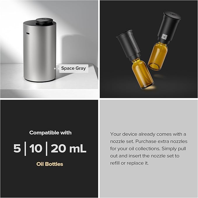 Waterless Essential Oil Diffuser for Home Aromatherapy Scent Diffusers with 3 Countdown Timer Settings or Timer-Off, 3 Mist Levels for Car Room Studio Office, ANX Premium Metal Black 2 Pack