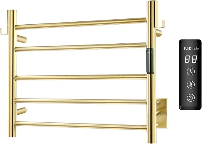 P&Dlusir Towel Warmer, Heated Towel Rack with Smart Timer and Thermo Control, Wall-Mounted Heated Towel Rail, Stainless Steel, Hard-Wired/Plug-in, Brushed Gold, 5 bar