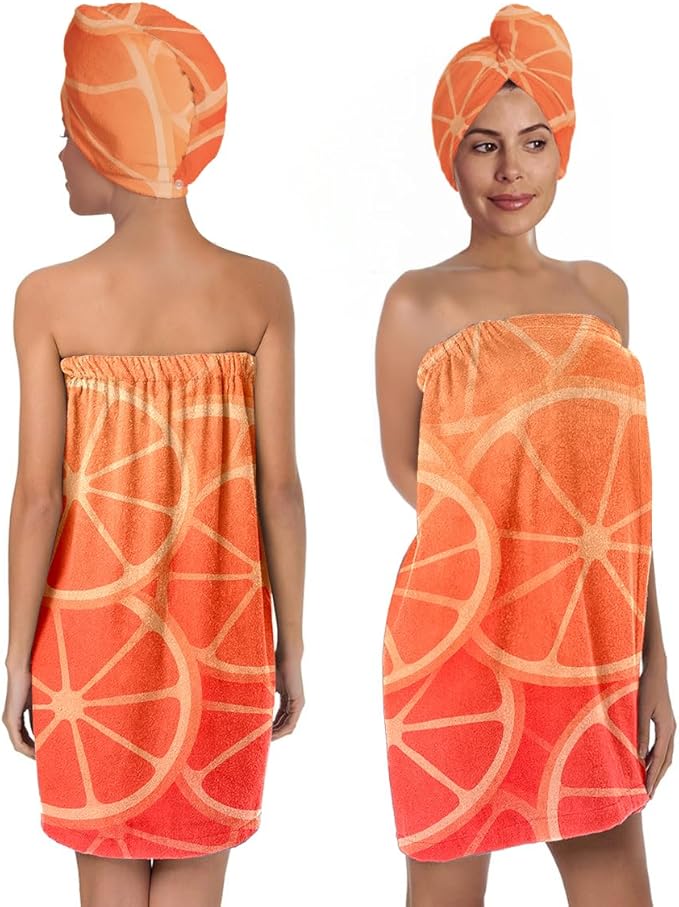 Women’s Citrus Towel Wrap and Hair Turban Set – Orange Fruit Bath Wrap Skirt with Quick Dry Hair Cap – Microfiber Spa Wrap for Girls, Women, Dorm, Travel, Gifts (Citrus 1)