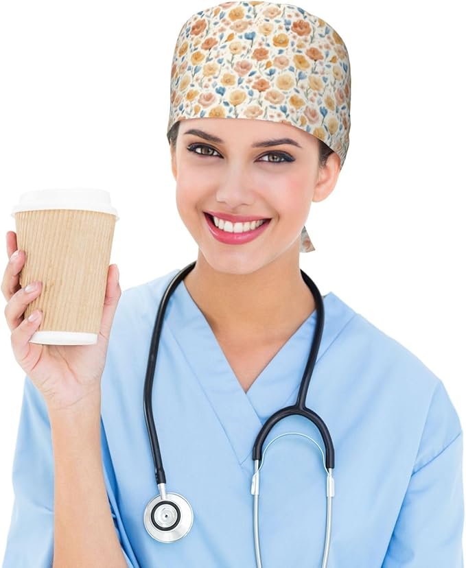 Scrub Cap for Women and Men Boho Black Leaf Pattern Adjustable Breathable Sweatband Hat for Work Kitchen Spa Shower Daily Use