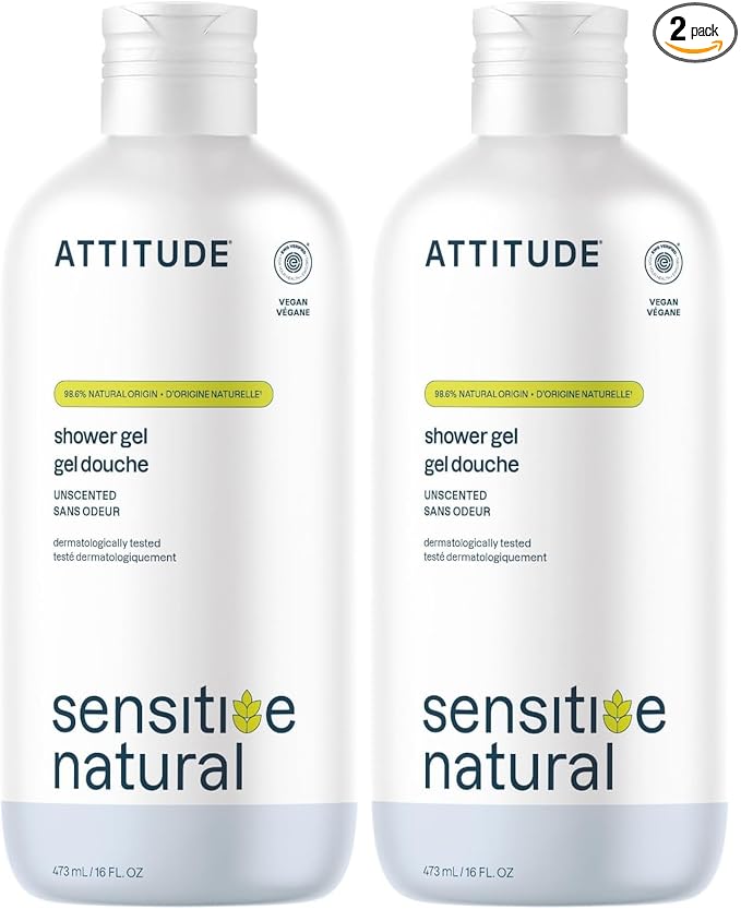 ATTITUDE Body Wash for Sensitive Skin with Oat, EWG Verified, Dermatologically Tested, Vegan, Extra Gentle, Unscented, 16 Fl Oz (Pack of 2)