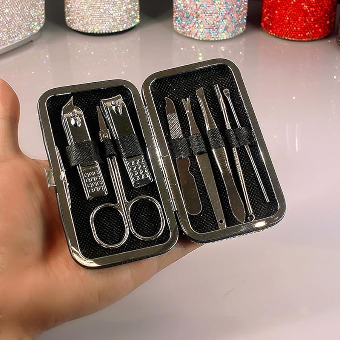 Bling Rhinestone Manicure Set Nail Clippers Pedicure Kit-8 Pieces,Stainless Steel Manicure Kit Pedicure Set Grooming Kits Nail Care Tools with Travel Case for Women Girls (Silver)