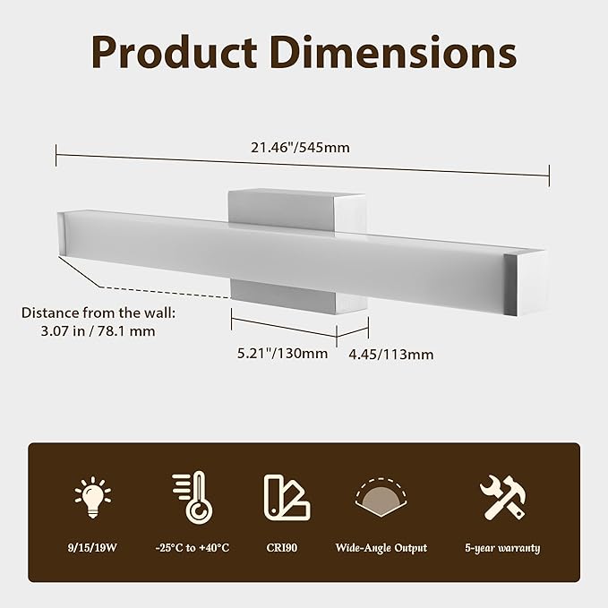 Bathroom Light Fixtures Over Mirror 22IN, 19W 5CCT Dimmable Modern Vanity Lights,Bar Vanity Light for Bathroom Mirror Restroom, Wall Light Fixtures Vanity Lighting
