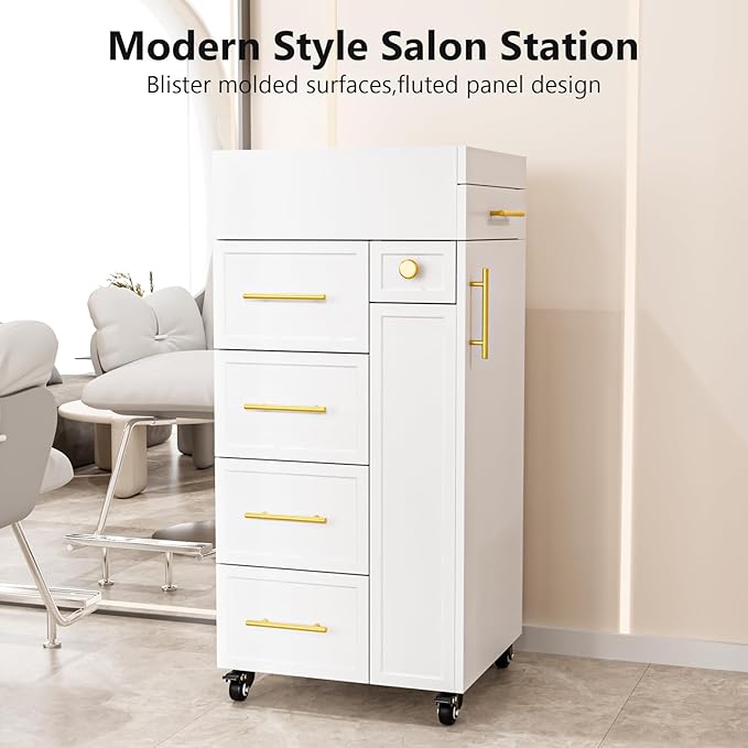 OmySalon Salon Trolley Cart, Hair Styling Station with 5 Drawers, 3 Tool Holders & Adjustable Shelf, Mobile Storage Cabinet Utility Trolley for Barber, Beauty Spa, Home (White)