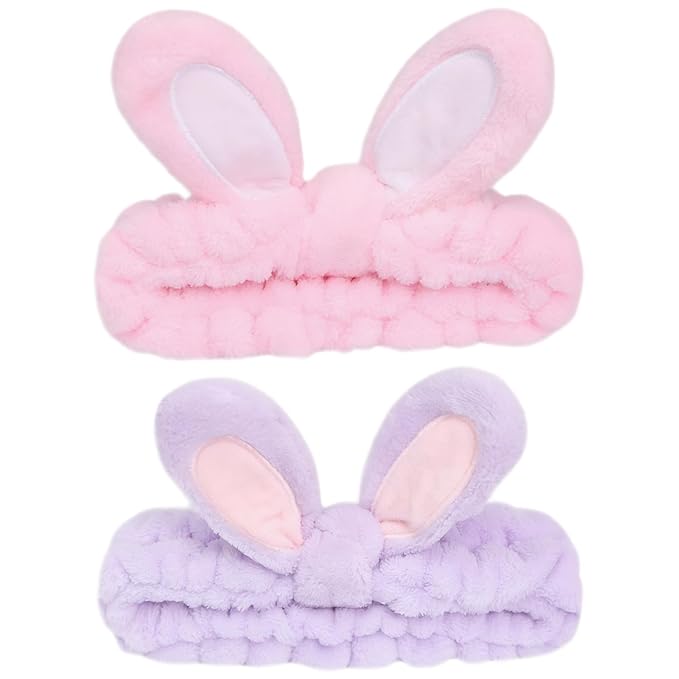 musejoy 2 Pcs Headband Bunny Ears Headband, Cute Spa Headbands for Washing Face Skincare Makeup Headbands for Women Girls Trendy Stuff Present Soft Coral Fleece Hair Accessories(Purple+Pink)