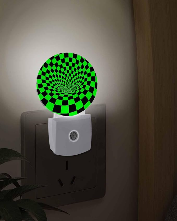 Night Lights Auto Sensor Green Black Checker Night Light 3D Abstract Mosaic Tiles Round Lamp Plug-in LED Nightlights Dusk to Dawn for Living Room Bedroom Bathroom Hallway Wall Decor