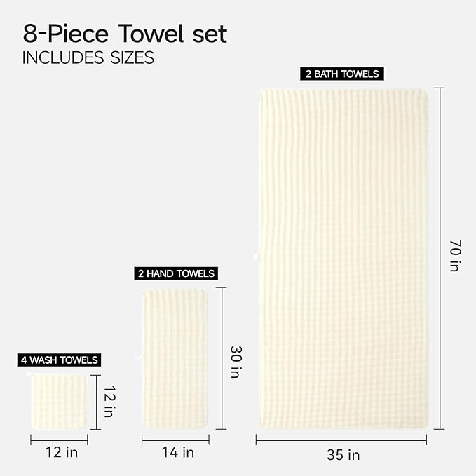 REDKISS 8-Piece Soft Bath Towel Sets, Extra Large 2 Bath Sheet (35×70 in), 2 Hand Towel, 4 Washcloth, Microfiber Quick Dry & Absorbent, Cream Towels for Bathroom