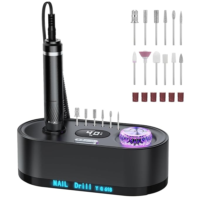 JOSGLOI Electric Nail Drill Professional: 40000RPM Electric Nail File Kit E File Nail Drill Machine with LCD Display for Acrylic Gel Nail, Manicure Pedicure Polishing Nail Grinder for Salon Home Use
