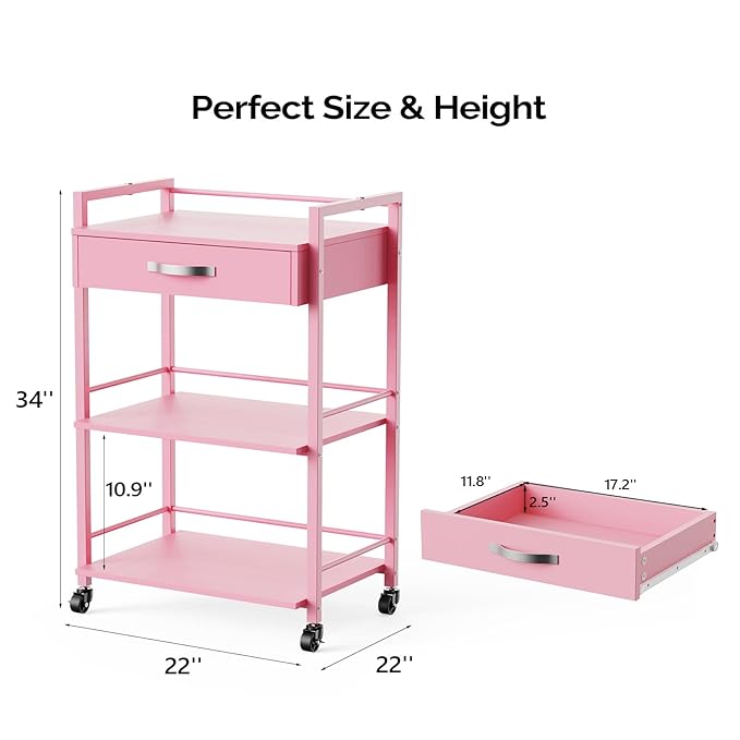 OmySalon Salon Trolley Cart with Wheels, Esthetician Cart with 1 Drawer & 2 Trays, Mobile Storage Organizer for Beauty Spa Massage Tattoo Esthetic Facial Tool Holder Station, Pink