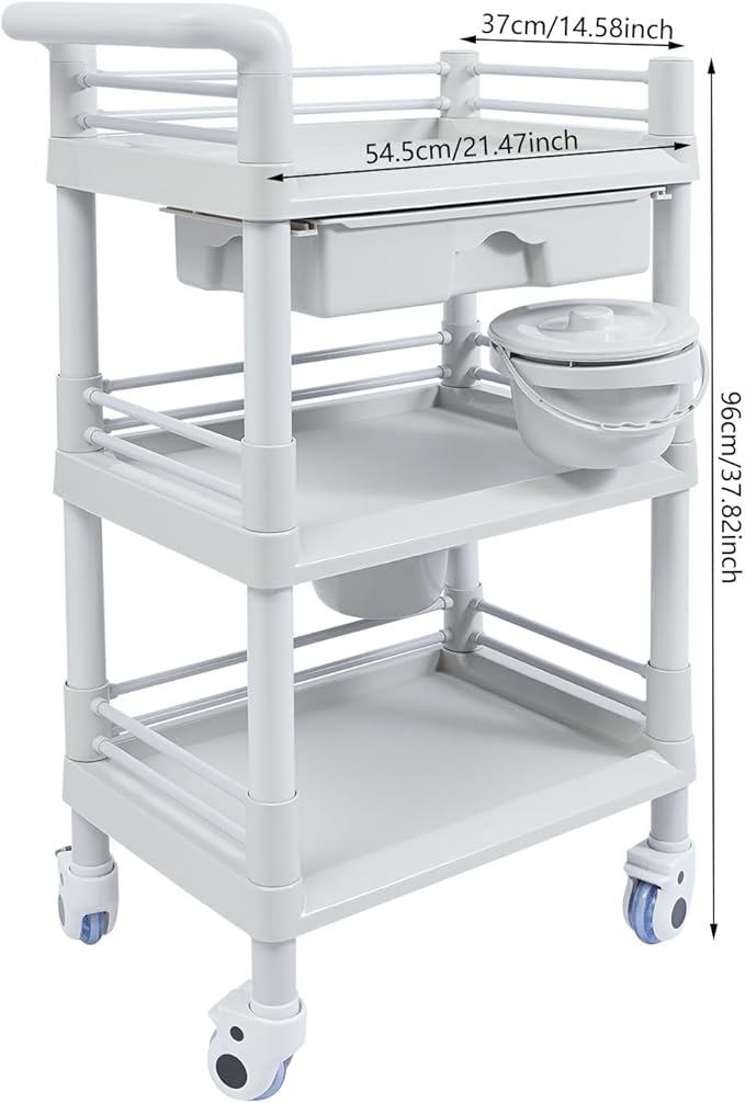 Salon Storage Cart, 3 Tier Rolling Beauty Organizer with 2 Garbage Baskets & 1 Drawer, 80kg/176.37lbs Capacity, Movable Storage Trolley for Beauty Salon SPA (Grayish-White)