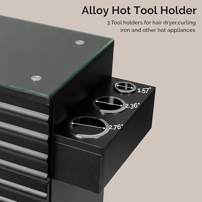 Professional Salon Station with Tempered Glass Top, 3 Drawers Hair Stylist & Barber Storage Cabinet with Heat Resistant Tool Holders, Beauty Spa & Home Organizer, Black