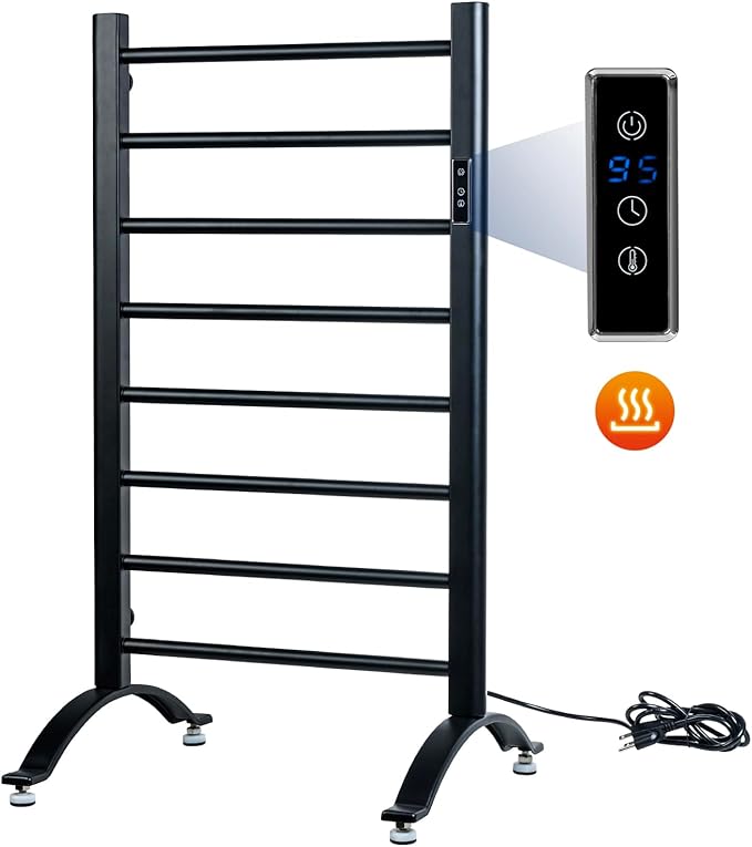 MyGift Hotel Series Matte Black Carbon Steel Towel Warmer Rack with 8 Heating Bars and LED Temperature Timer Control, Freestanding or Wall Mounted Electric Bath Towel Warming Holder