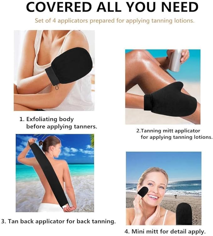 Yvoier Self Tanning Mitt Applicator Kit 4 in 1 Self Applicator Set with Exfoliating Glove,Tan Mitt Applicator, Tanning Back Lotion Applicators for Your Back,Face Mitt for Tanning Lotion, Spray, Mousse