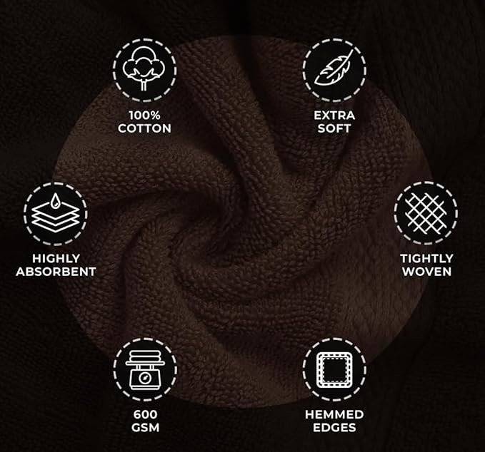Avalon Towels Luxury 8 Piece Chocolate Towels Set, 2 Bath Towels, 2 Hand Towels and 4 Washcloths, 600 GSM 100% Ring Spun Cotton Highly Absorbent Chocolate Bathroom Towels, Ideal for Hotel, Spa and Gym