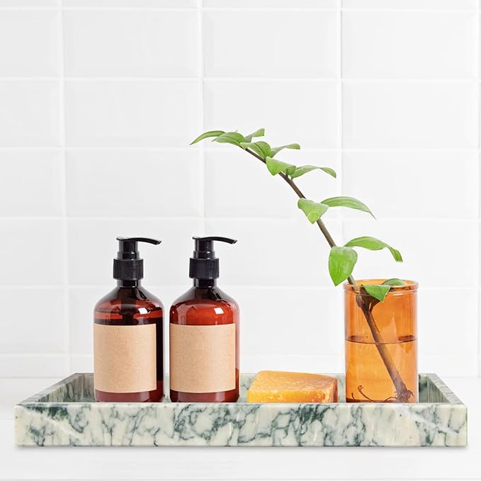 Marble Bathroom Vanity Tray, Natural Luxury Vanity Home Kitchen Bathroom Table Tray, Stone Decorative Countertop Dresser Trays for Key Coffee Perfume Jewelry Makeup (Green Texture, 12"x 5" x1.2")