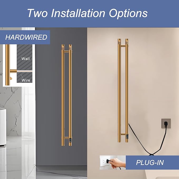 Heated Towel Rack, Towel Warmer with Timer, Wall Mounted hot Towel Warmer Rack for Bathroom, Hardwired or Plug-in Models Vertical Towel Heater, 2 Vertical Rack Round Design (Gold)