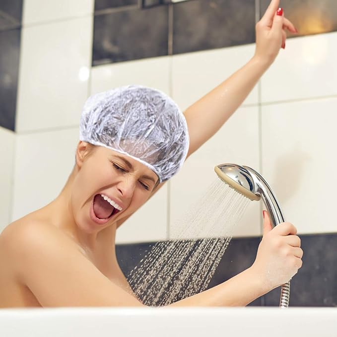 100pcs Shower Caps Disposable, Thicker and Larger Waterproof Clear Hair Bath Caps, Premium Plastic Hair Cap for Women, Spa, Hair Solon, Travel, Hotel and Home Use(Size 20IN/50CM)