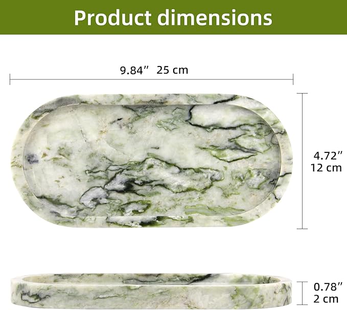 Natural Marble Tray Oval, Bathroom Vanity Tray for Countertop, Elegant Stone Decorative Organizer for Perfume, Jewelry, Home Decor (1, Green Emerald, 10 x 5 x 0.6)