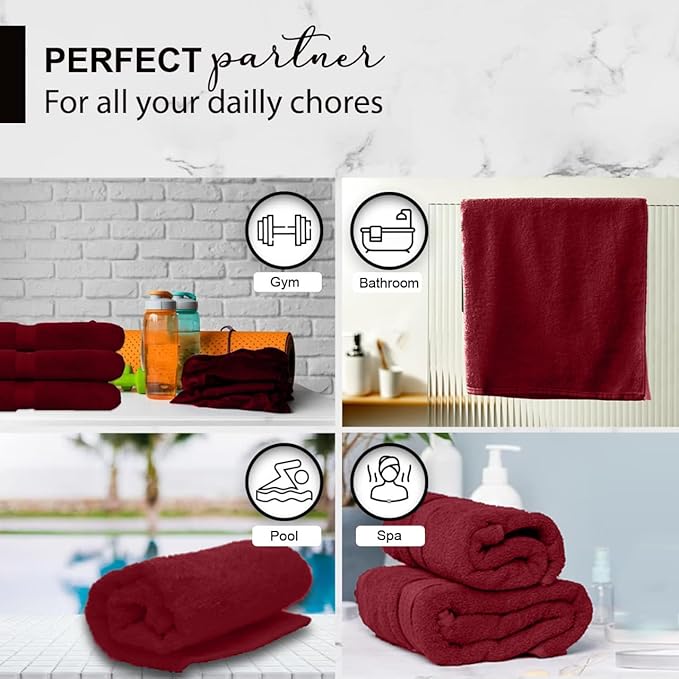 KAHAF COLLECTION 100% Cotton Bath Towels, 24x48 Pack of 6 Towels, Quick Dry, Highly Absorbent, Soft Feel Towel, Gym, Spa, Bathroom, Shower, Pool, Luxury Soft Towels (Burgundy, 24x48-6 Pack)