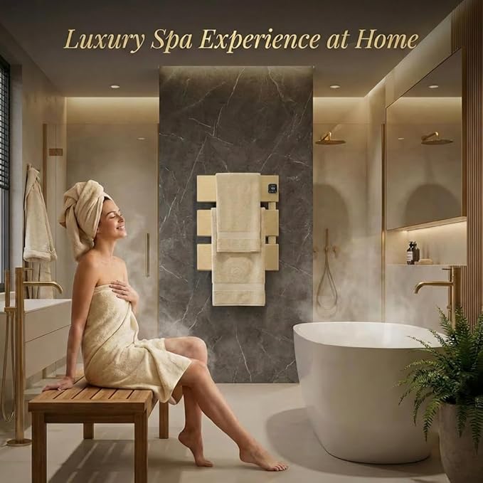 Electric Towel Warmer, Heated Towel Rack with Thermo Control and Timer, Fast Heating Towel Rail for Bathroom with Memroy Function, Work with Smart Plug, Right-Wiring, 2 Panel, Gold