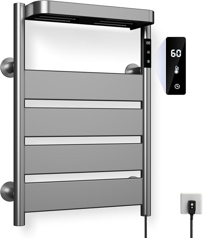 Towel Warmer Rack, Heated Towel Rack for Bathroom, Wall-Mounted Plug (Not Hardwired), Aluminum Alloy/4 Large Area Heating rods, with Timer and Temperature Adjustment, Overheat Protection Function Gray