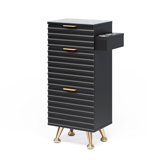OmySalon Salon Stations for Hair Stylist, Barber Station with Glass Top & Drawers & Hot Tool Holder, Salon Storage Cabinet Hair Organizer Equipment for Beauty Spa, Black