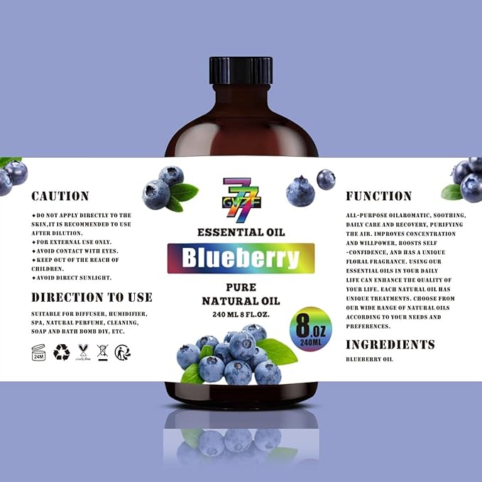 Blueberry Essential Oil - GV77ZF Blueberry Oils for Diffusers, Humidifiers, DIY Candles, Soap, Cleaning, Home, Office, Yoga, Massage, Gifts - 8 fl oz (240 ml)