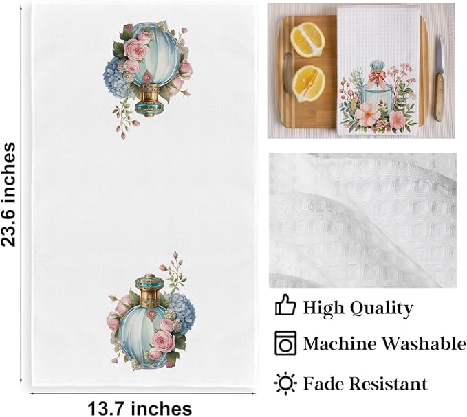 2PCS Perfume Bottle Floral Gifts for Women Kitchen Towels, Romantic Gifts Reusable Absorbent Waffle Weave Dish Tea Towels for Bathroom, Perfume Bottle Microfiber Kitchen Towel, Housewarming Gift