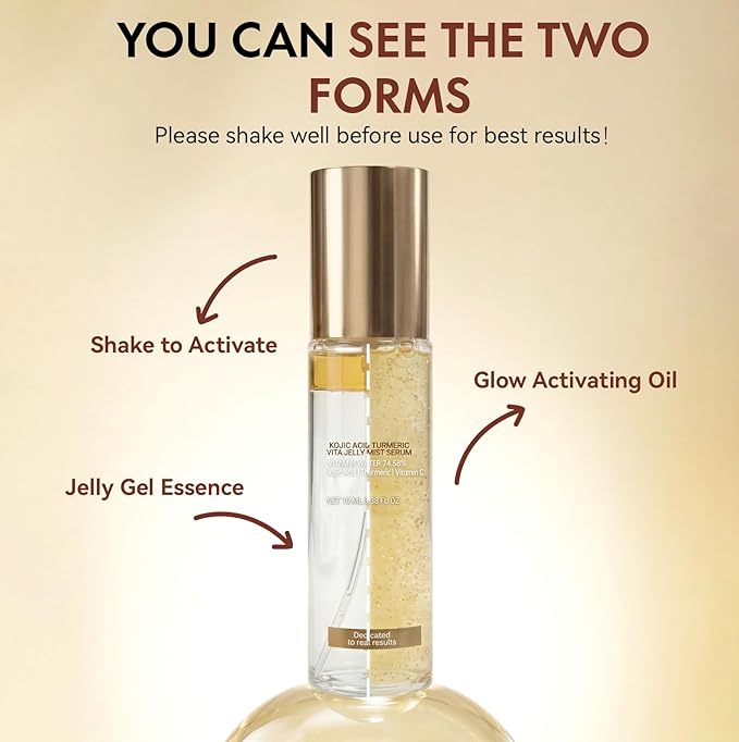 Jelly Serum Mist with Kojic Acid & Turmeric, 3-in-1 Hydrating Face Glow Spray with Turmeric, Vitamin C & Hyaluronic Acid, Sprayable Hydrogel for Even Tone, All Skin Types, 3.38 fl.oz