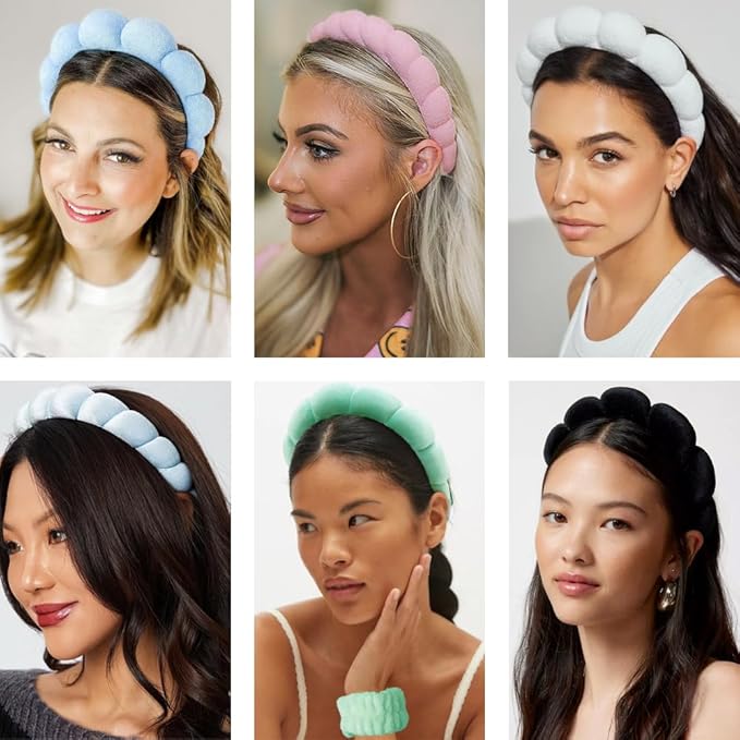 Spa Headbands for Washing Face Wristband Set Sponge Makeup Skincare Headband Wrist Towels Bubble Soft Terry Towel Cloth Hairband for Women Puffy Headwear Non Slip Thick Thin Hair Headwear (Lilac)