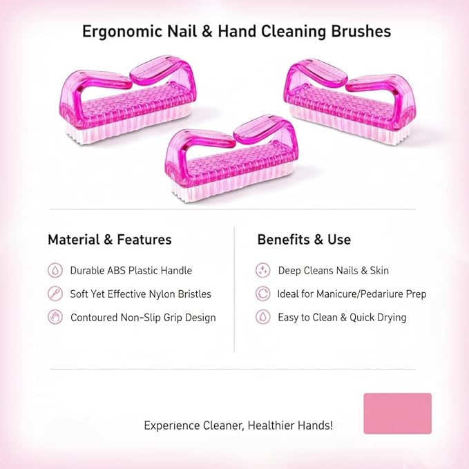 3Pcs Different Kinds of Fingernail brush with Plastic Handle Nail brush for cleaning Fingernails - Easy to use Nail Scrub brush - Nail Cleaner Nail brushes for Hands Feet(pink)