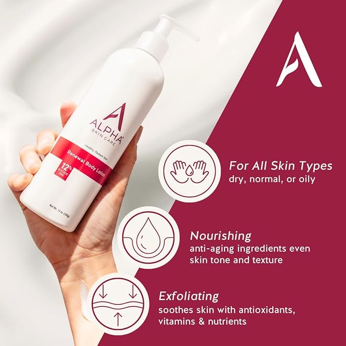 Alpha Skin Care Revitalizing Body Lotion, 12% Glycolic AHA, Simple & Effective Daily Moisturizer Hydroxy Acid, Hydrates & Exfoliates for Soft, Smooth Skin, Anti-Aging, 12 Oz, Pack of 2