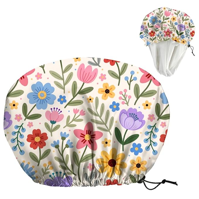 Bohemian Floral Patterns Reusable Shower Cap Cute Double Layer Waterproof Shower Caps Large Elastic Hair Cover Adjustable Hair - Drying Caps for Woman Bath SPA Travel One Size Fits Most