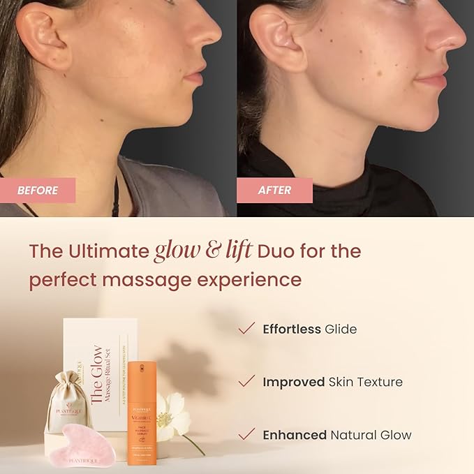 PLANTIFIQUE Massage Set: Rose Quartz Gua Sha & Vitamin C Face Serum Korean with Collagen and Peptides for Hydrated & Glowing Skin (30ml) - Skincare Gifts for Women, Moms, Teens