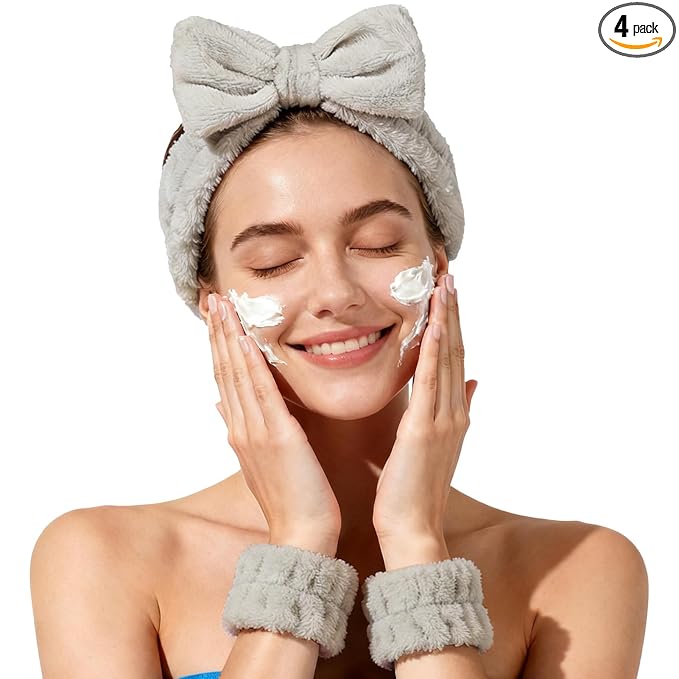 Fmeida Skincare Headband, Spa Headband and Wrist Bands for Washing Face Light Coffee