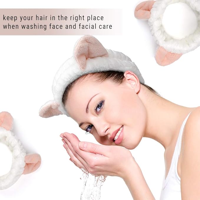AHONEY Makeup Spa Headband Face Wash Headband for Women Girls Cute Headbands Animal Ears Shower 4Pcs Coral Fleece Hair Band Women Cosmetic Headwrap for Spa Yoga Makeup Washing Face