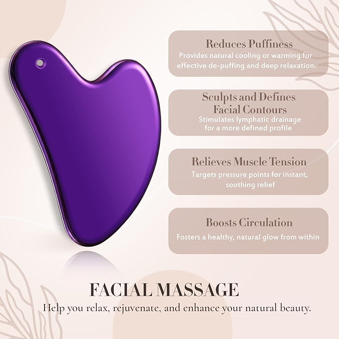Nuanchu Stainless Steel Gua Sha Facial Tool, Metal Gua Sha for Lymphatic Drainage, Guasha Face Sculpting Double Chin Reduce with Pouch Mother Day Self Care Gift(Purple)