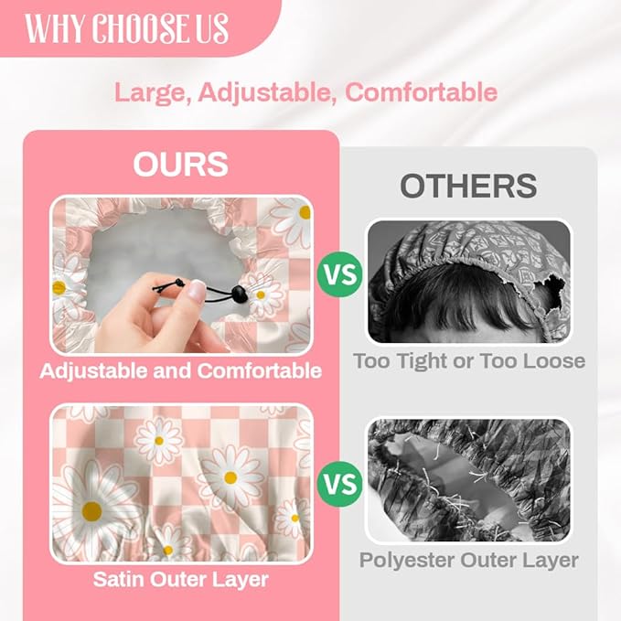 Pink Daisy Reusable Shower Cap Buffalo Check Double Layer Waterproof Shower Caps Large Elastic Hair Cover Adjustable Hair - Drying Caps for Woman Bath SPA Travel One Size Fits Most