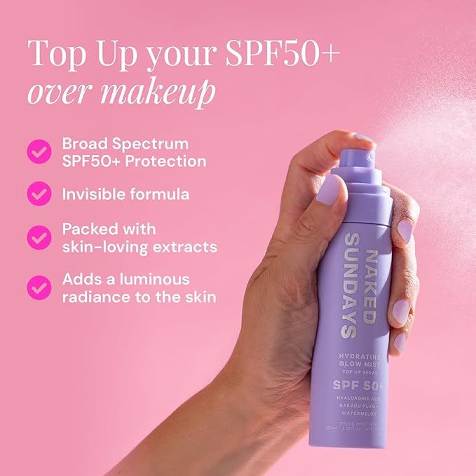 Naked Sundays SPF 50 Hydrating Glow Face Mist - Daily Sunscreen Spray & Makeup Setting Spray with Hyaluronic Acid, Lightweight, Non-Greasy & Hydrating, 75ml