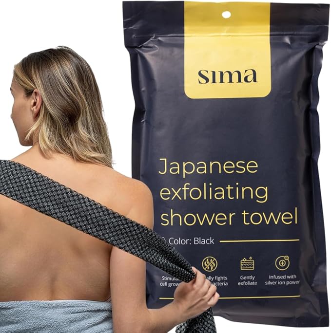 Sima Brand Exfoliating Washcloth Face & Body Scrub Towel - Japanese Exfoliating Towel with Hexagon Fibers, Body Scrubber with 2 Sides for Scrubbing & Washing, Extra Long Body Towels (Black)