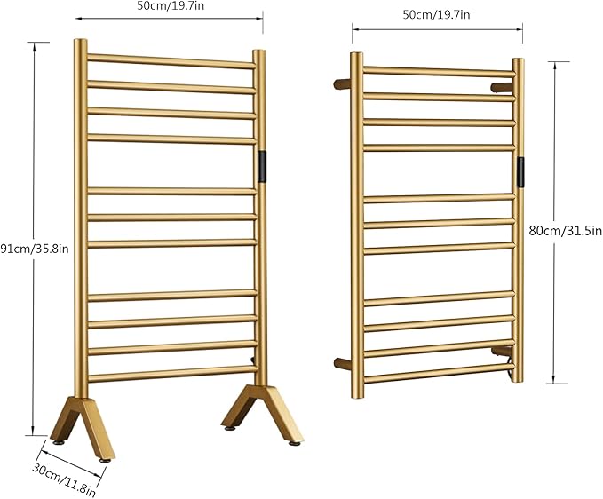 Electric Towel Warmers Radiator with Timer Gold, 140W Wall-Mounted & Freestanding Heated Towel Drying Rack with 11 Bars, 304 Stainless Steel Heated Towel Rail for Bathroom, Plug-in