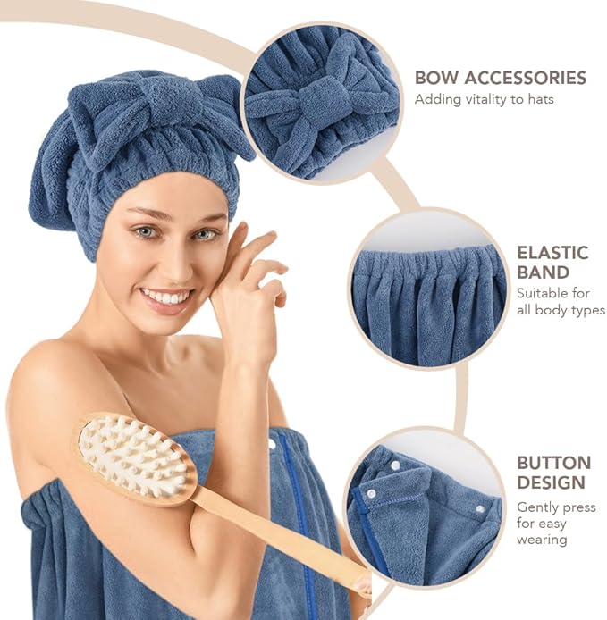 SUNLAND Microfiber Women Bath Towel Wrap and Hair Drying Towel Set,Adjustable Soft Body Wraps Dress with Hair Towels, Super Absorbent to Quick Drying 32 Inch x 60 Inch Dark Blue