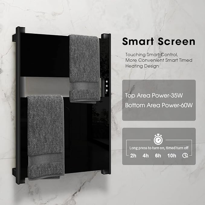 Heated Towel Rack for Bathroom, Towel Warmer with Timer Wall Mounted, Electric Towel Warmer, Bath Towel Heater with Black Tempered Safty Glass, Graphene, Towel Drying Rack- 26.8 x18 inch(Black)
